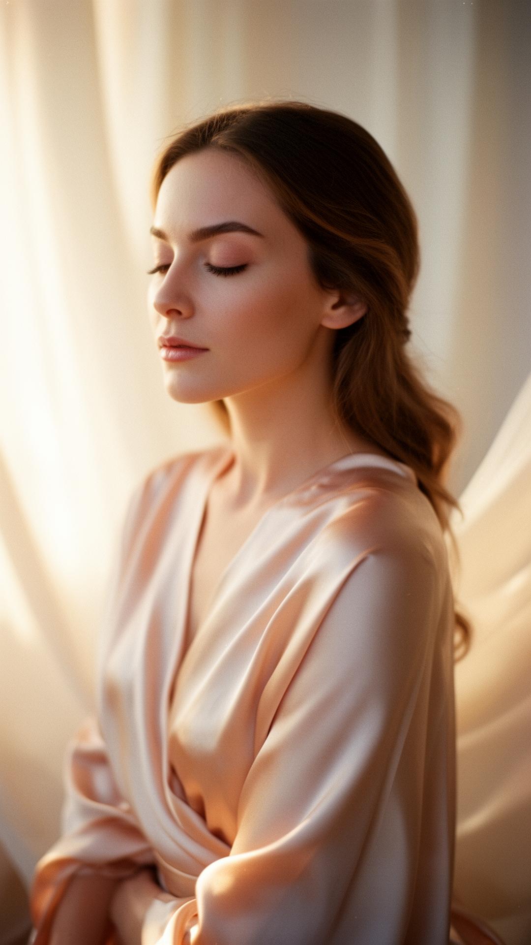 A serene woman bathed in golden light